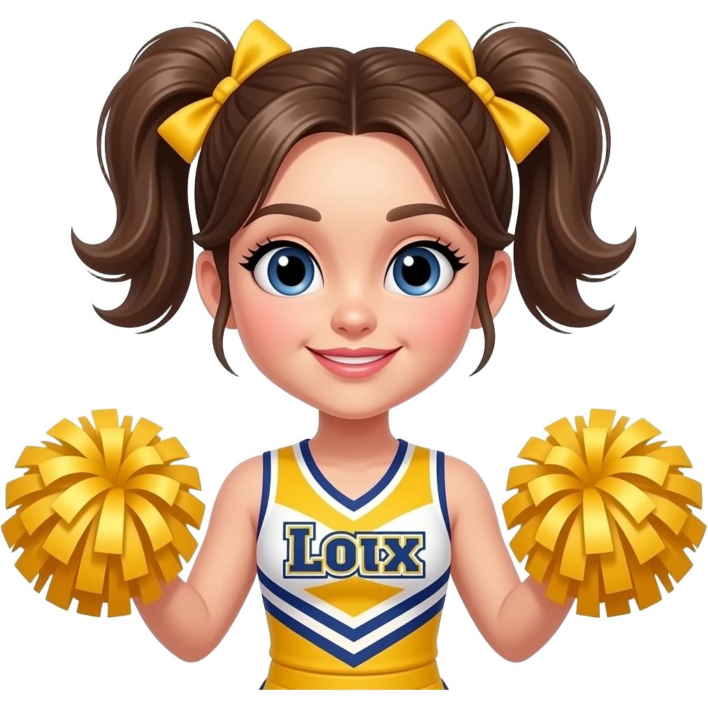 wide body cheerleader girl with two sided buns wear vibrant yellow cheerleader outfit with face closeup and poom poom in hands emoji
