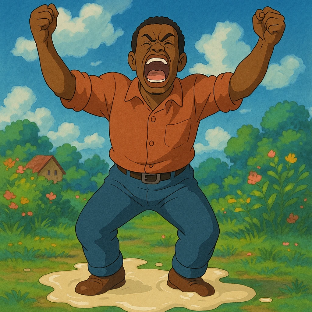 a black man yelling, arms raised, with a pool of glue beneath his feet emoji