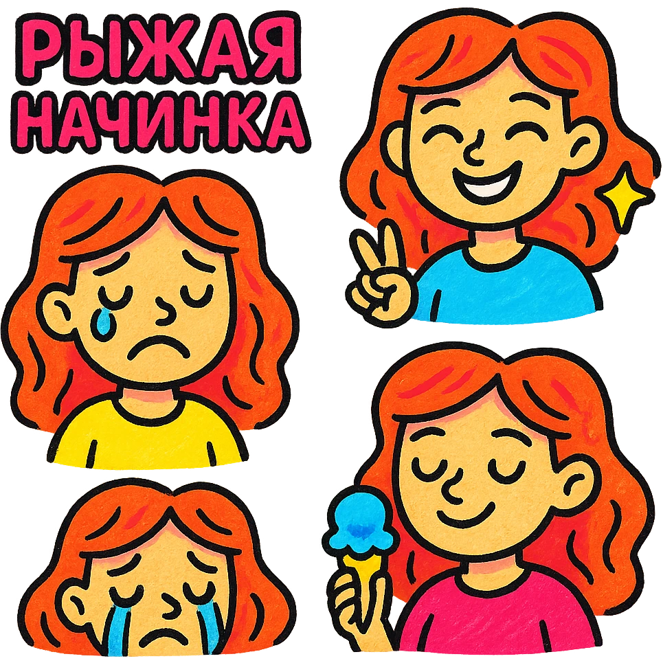 A set of emojis for a Telegram channel called 'Рыжая Начинка' featuring a red-haired girl with various expressions and activities, in the style of vibrant and colorful icons. emoji