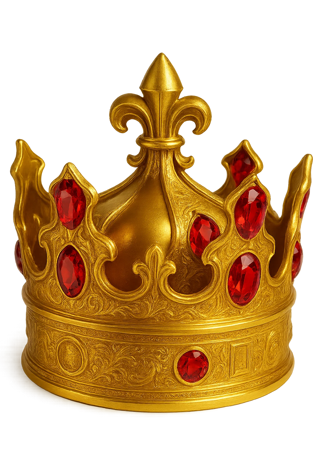 Add red jewels to the golden crown, keep the style ornate, with no background, emphasize the ornate and elaborate design of the golden crown with prominent red jewels. emoji