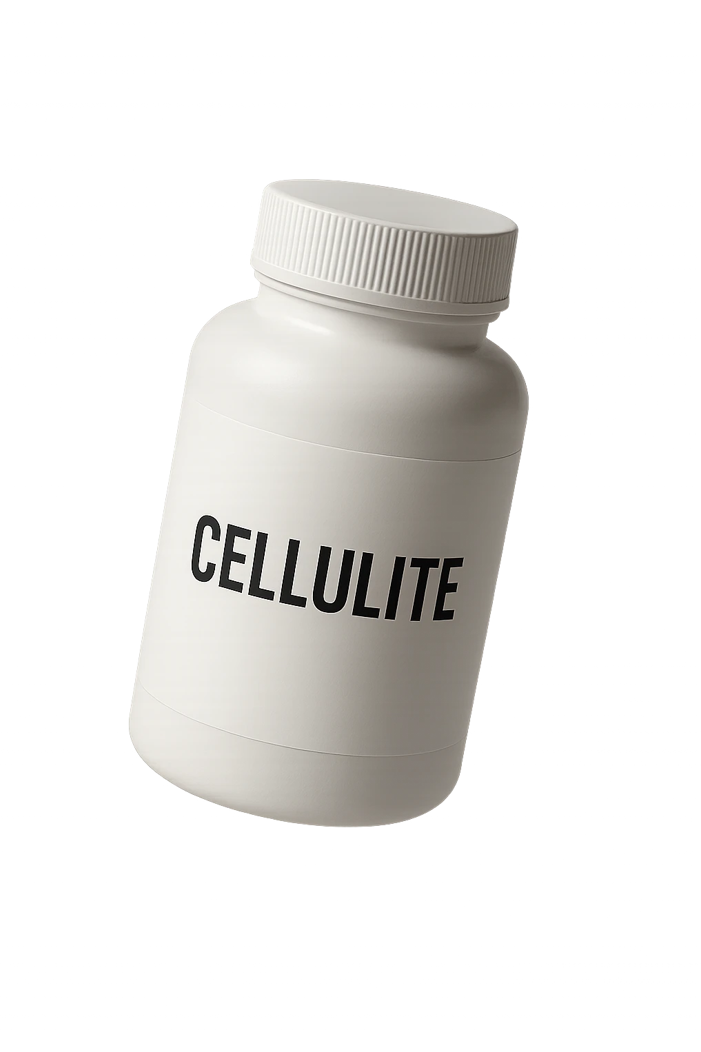 UNA BOCCETTA DI INTEGRATORE BIANCA CON LA SCRITTA "CELLULITE" SULL'ETICHETTA CHE FLUTTUA IN ARIA, IPERREALISTICA 4K emoji