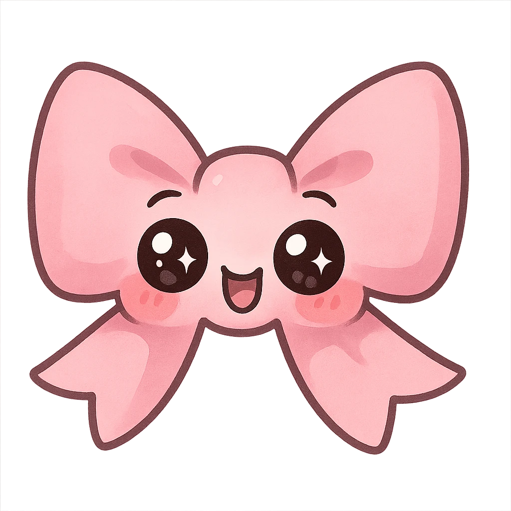 a cute pink bow, original design, big eyes, blushing cheeks, joyful emoji