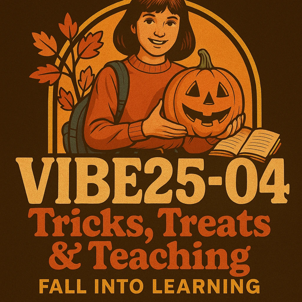 Create a logo that encompasses a retro 80's feel, nostalgic, ALSO RETRO.  Add the words "VIBE25-04: Tricks, Treats & Teaching: Fall Into Learning" emoji