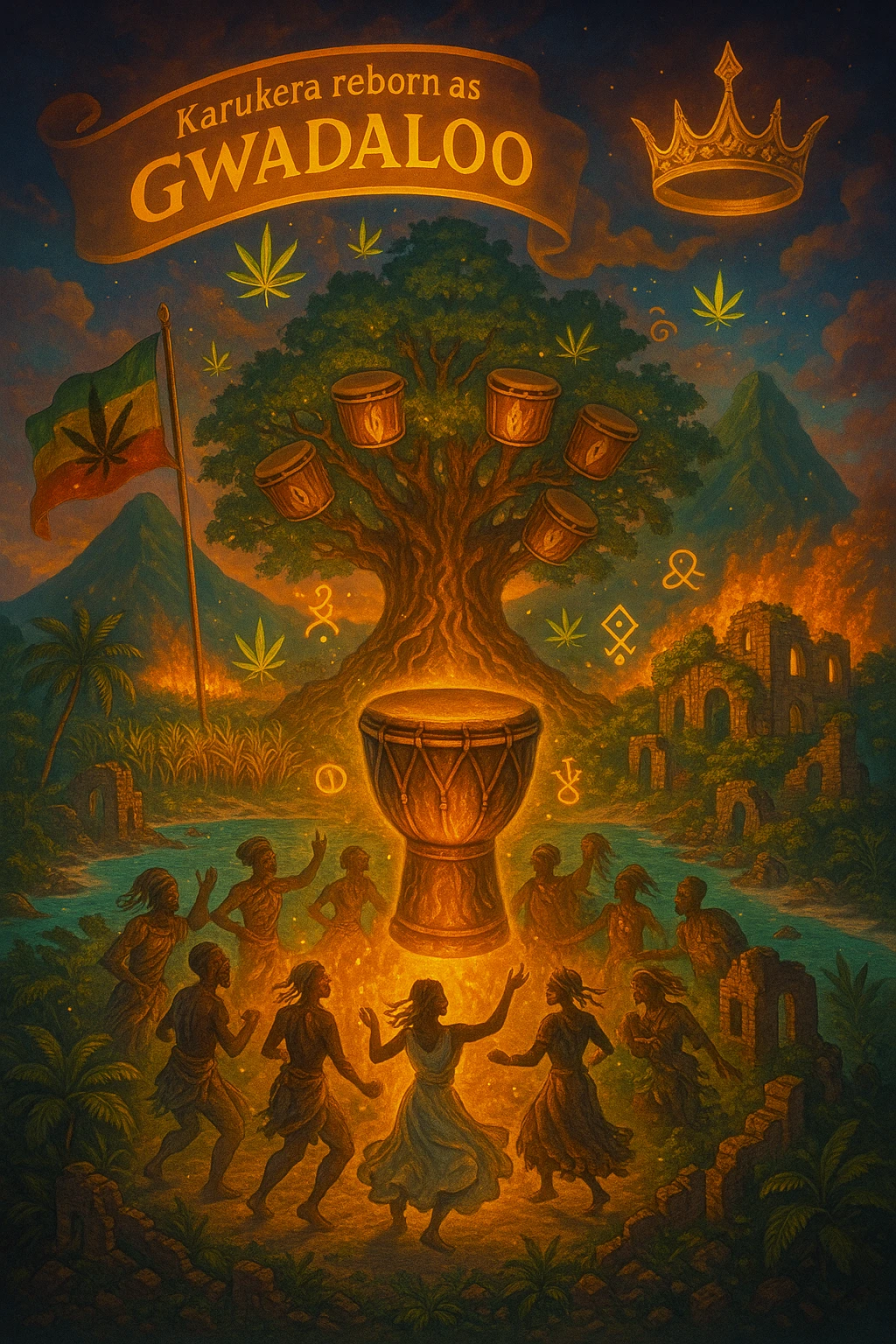 Create a powerful, surreal vision of the Caribbean island Guadeloupe, reimagined as ‘Guadeloupe' — its sacred, sovereign identity restored. The island is lush, tropical, and volcanic, with two green volcanoes glowing golden at the peaks. In the center stands a giant mystical Drum Tree, its branches bearing carved drums instead of fruit, glowing with rhythmic light. Ancestral spirits of African and indigenous lineage dance in a circle around the tree, surrounded by floating ganja leaves and sacred symbols. Sugarcane fields burn gently in the background, symbolizing the end of colonial suffering. Ruins of colonial buildings crumble into the earth, reclaimed by vines and jungle. Above the island, a glowing banner in the sky reads: ‘Karukera reborn as Gwadaloo.’ A ganja-leaf flag waves high in red, green, and gold, and a golden Creole crown floats in the sky above the island — not worn by any man, but held in rhythm. The ocean is turquoise, the light is divine, and the entire scene radiates spiritual victory, cultural remembrance, and cosmic rhythm. Use a warm, cinematic palette of golds, greens, blues, and purples. Style should feel epic, sacred, and symbolic — a rebirth of Caribbean power. emoji