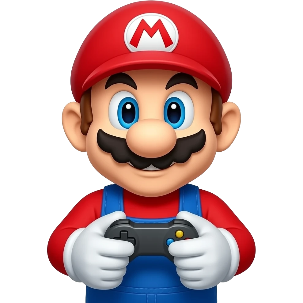 Create an image of Mario holding a controller emoji