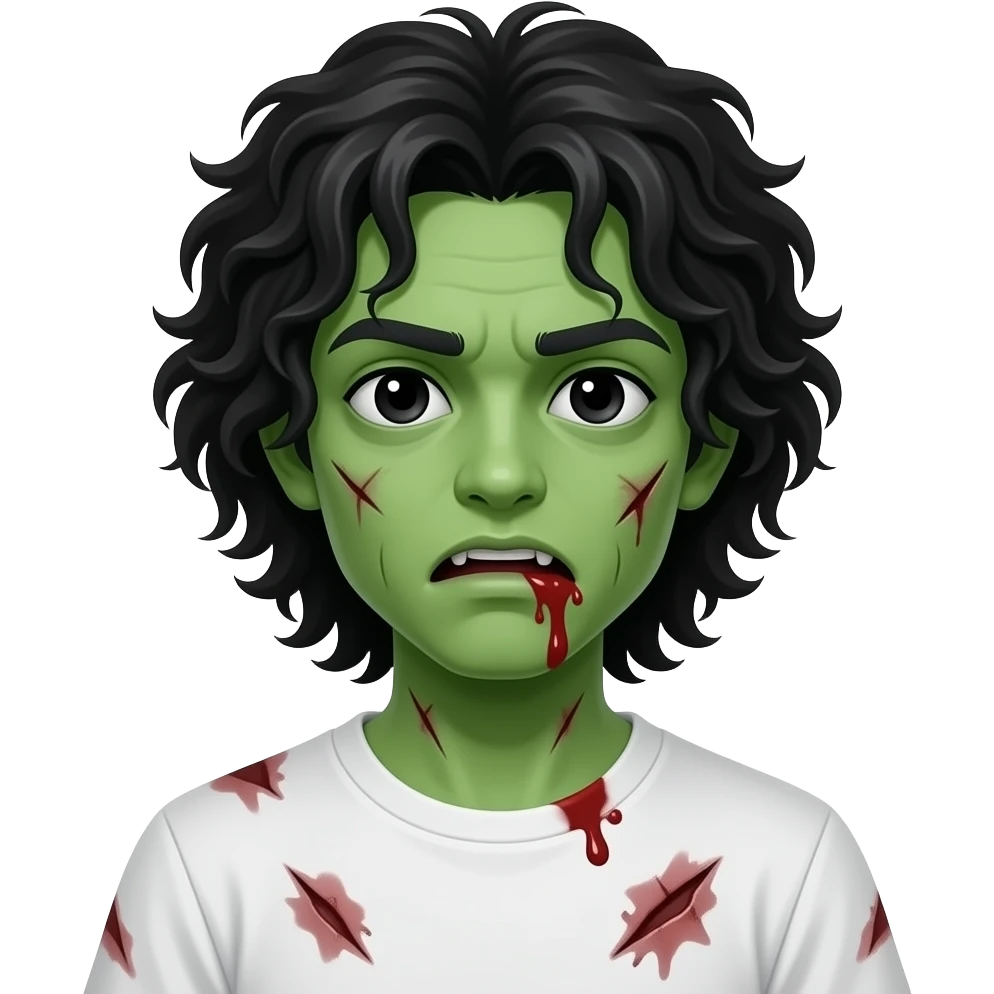 low quality, green skin zombie, all black eyes, black long curly 3c type hair, mouth slightly open with blood leaking out of mouth, wounds and cuts on zombie, white regular tee shirt, a young teenager emoji