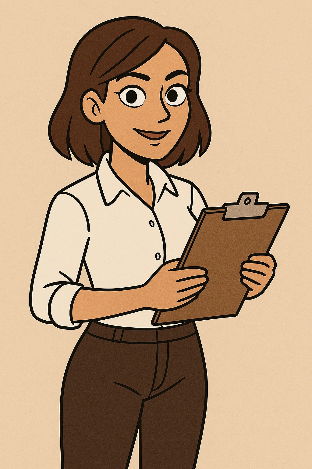 tan woman with brown eyes and brown shoulder length hair, standing confidently with a clipboard, productive and professional, contemporary illustration emoji