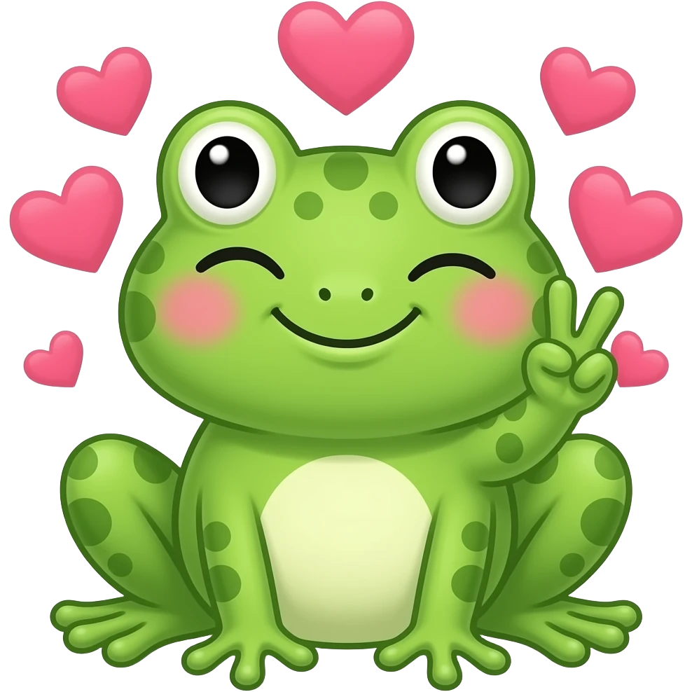 kawaii frog, winking, and holding up the peace sign, with hearts around the head emoji