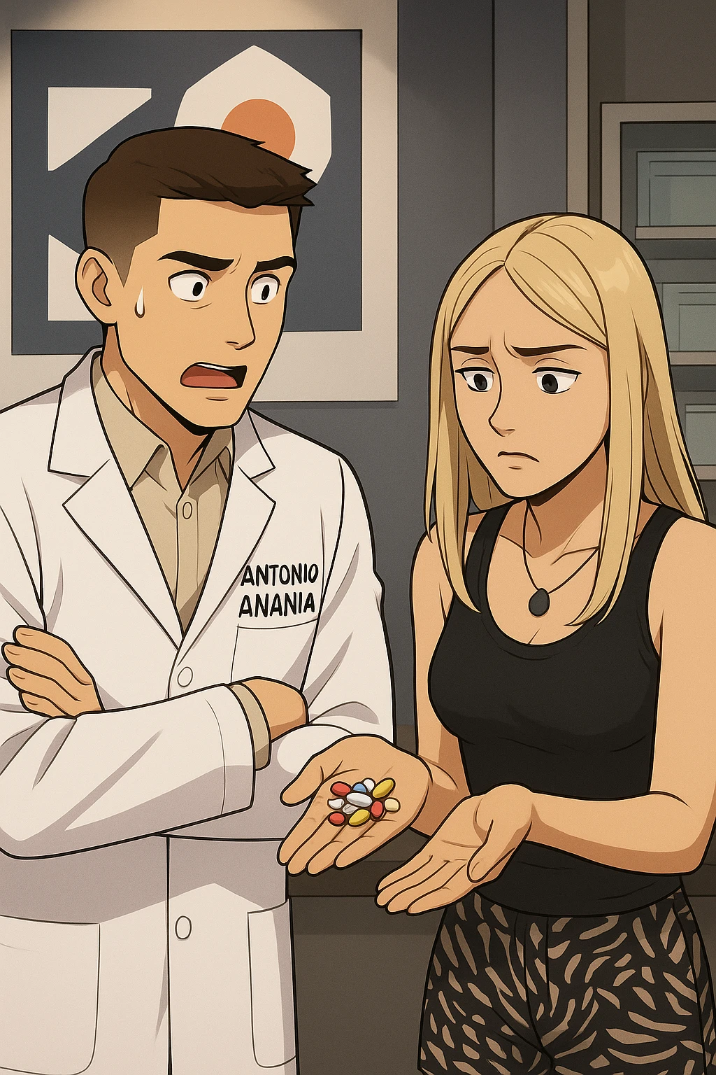 fai un webtoon/manga a colori con questo kinesiologo in camice bianco (fagli la scritta "ANTONIO ANANIA" SUL CAMICE) CHE PARLA CON QUESTA RAGAZZA. LA RAGAZZA HA UN PUGNO DI INTEGRATORI IN MANO (TANTE PILLOLE DIVERSE) E LE GUARDA DUBBIOSA. IL KINESIOLOGO CON IL CAMICE BIANCO LE DOMANDA UNA COSA SCIOCCATO. NON FARE I FUMETTI, FAI SOLO LORO COME SE DIALOGASSERO emoji