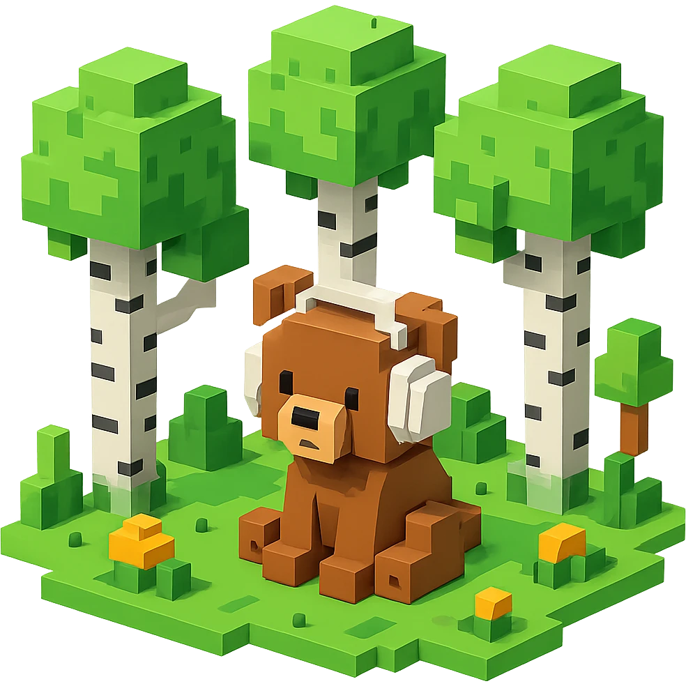 березовый лес, в котором сидит бурый медвежонок в белых наушниках (наушники должны закрывать уши медведя), no background  emoji