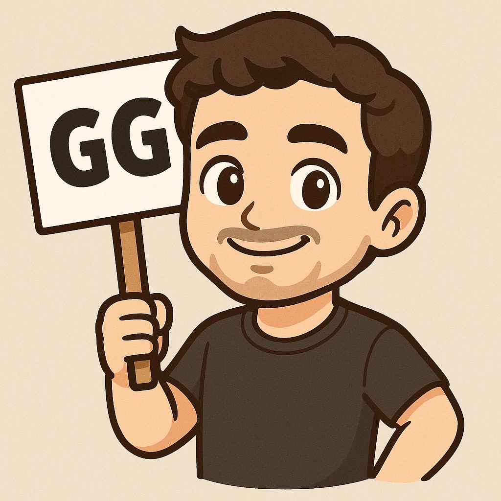 The drawn figure from the first image, in the same style and with the same face, holding a sign with the text 'GG' exactly as shown in the second image: held by one hand beside the body, smiling. emoji