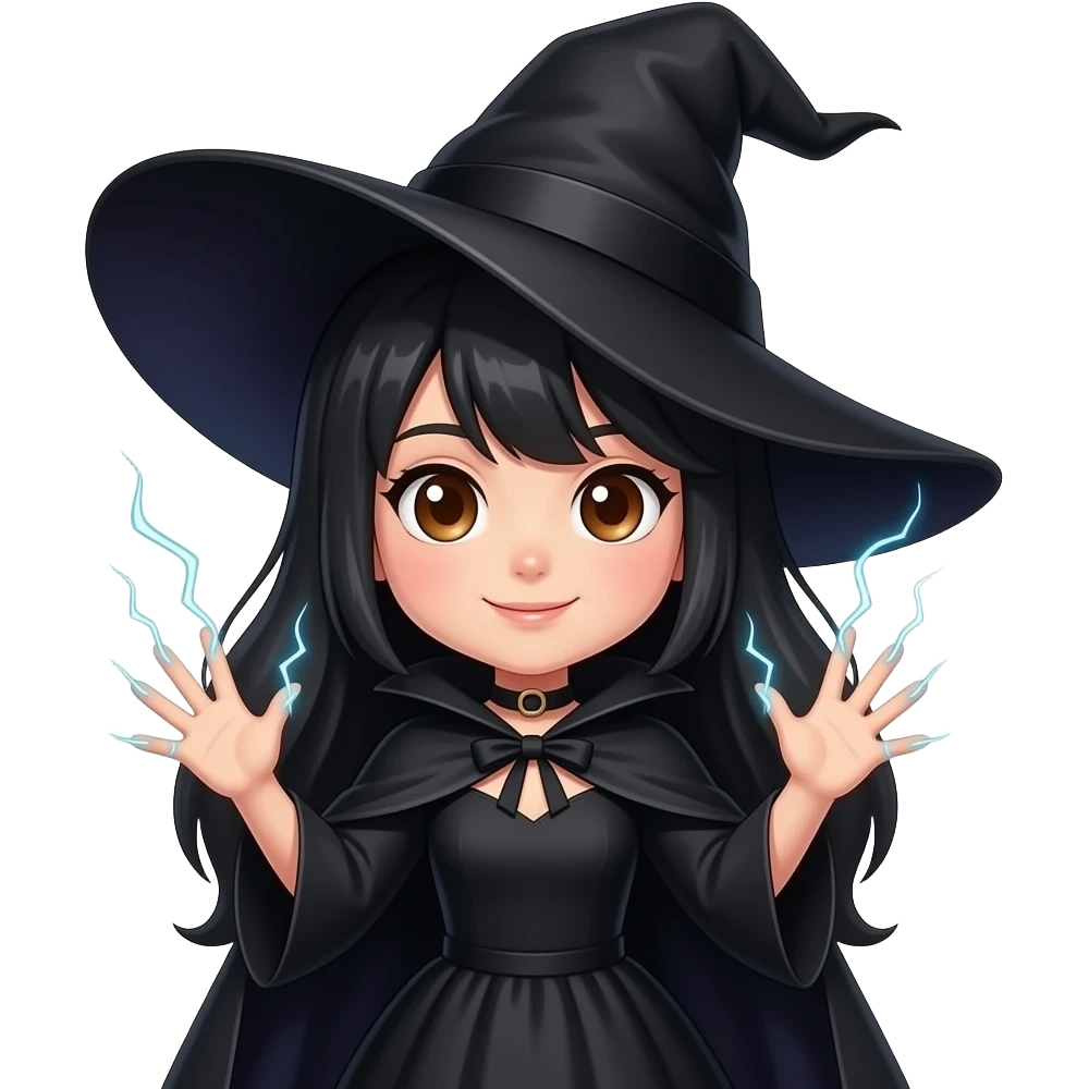 hot chibi witch with black cloak and black neck choker and pointy black hat and black dress with black hair with brown eyes and hands up with electricity coming from her fingers emoji