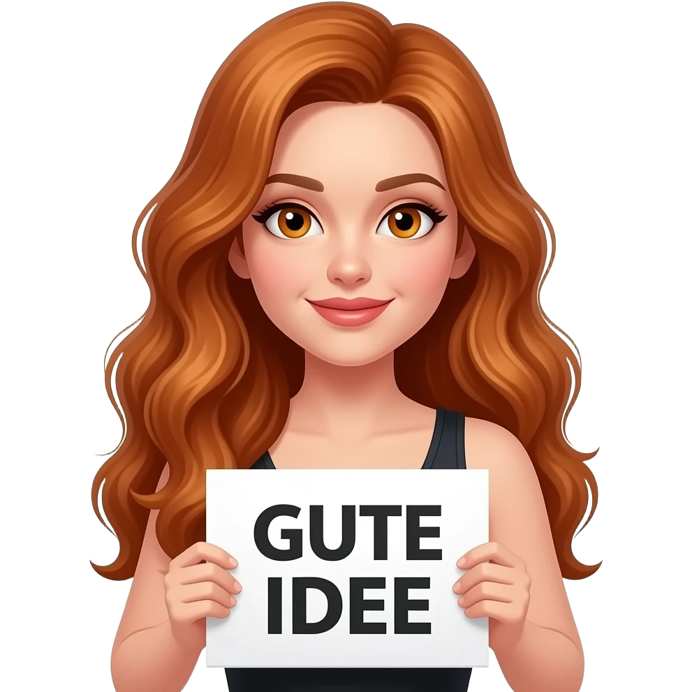 sexy girl with long wavy ginger hair and ginger eyes wearing a black tanktop is holding a white sign with GUTE IDEE written on it emoji