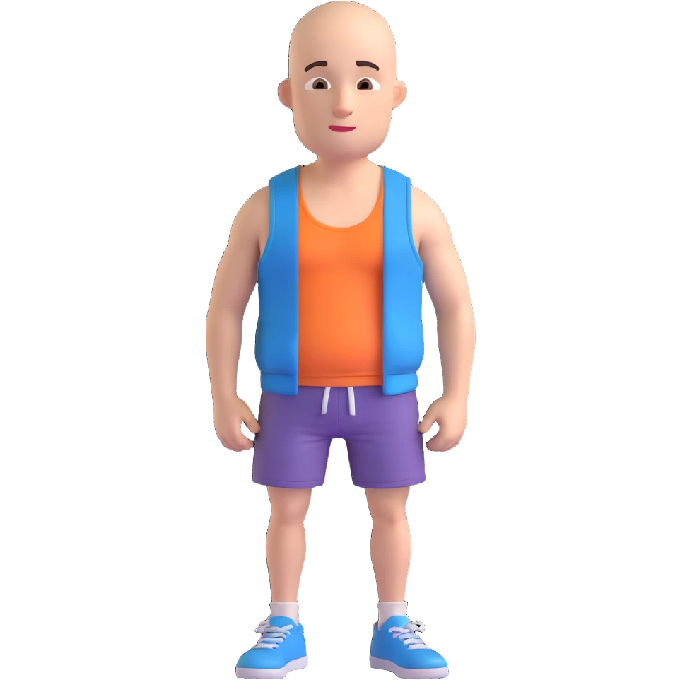 Create a bald 3D character wearing only shorts and a tank top, no shoes or accessories, maintaining the same style and pose as the reference image. emoji