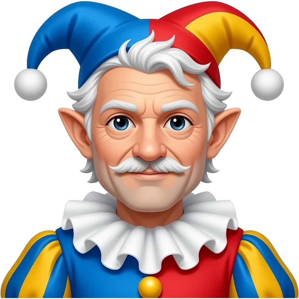 white male, elf ears, big nose, old, messy white hair, without beard, black eyes, dressed as a court jester, blue red and yellow emoji