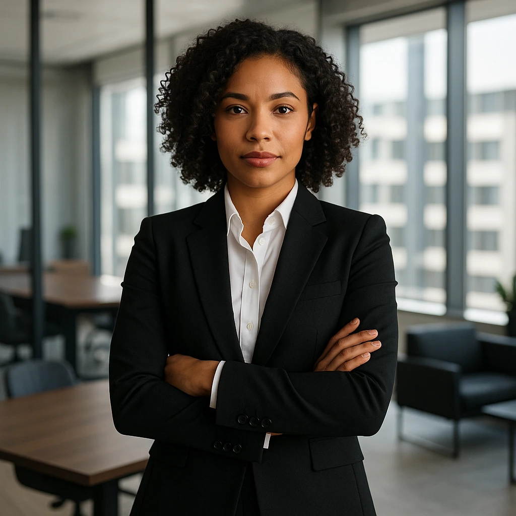 A mixed race girl CEO, wearing a business suit, looking confident and successful, in a modern office setting, professional and empowering. emoji