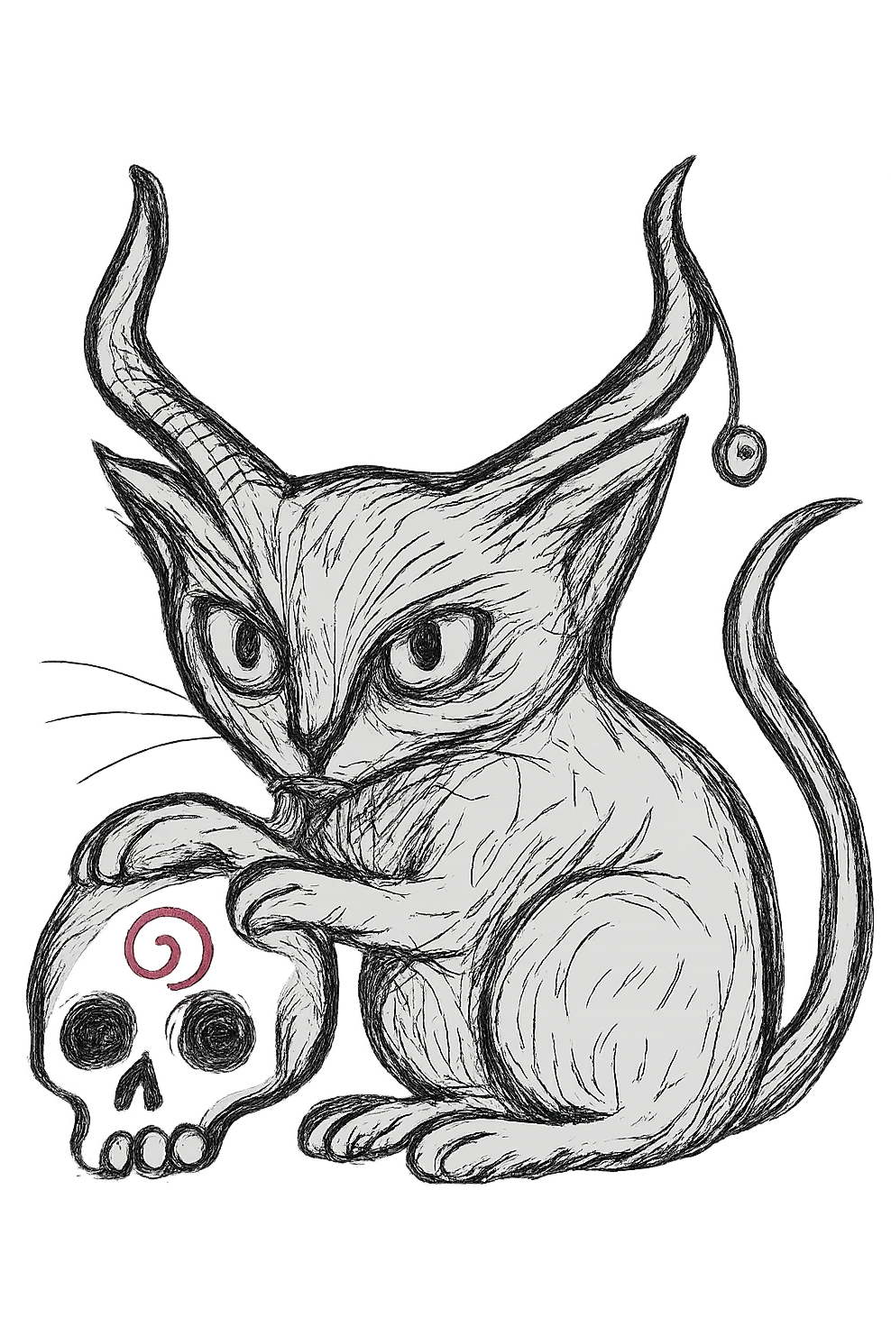 Make the skull larger and place it in front of the cat, keep the realistic hand drawn style with dynamic outlines and no fill. Preserve the charm on the horn, the cat's green eyes, and the red spiral on the skull. Maintain transparent background. emoji