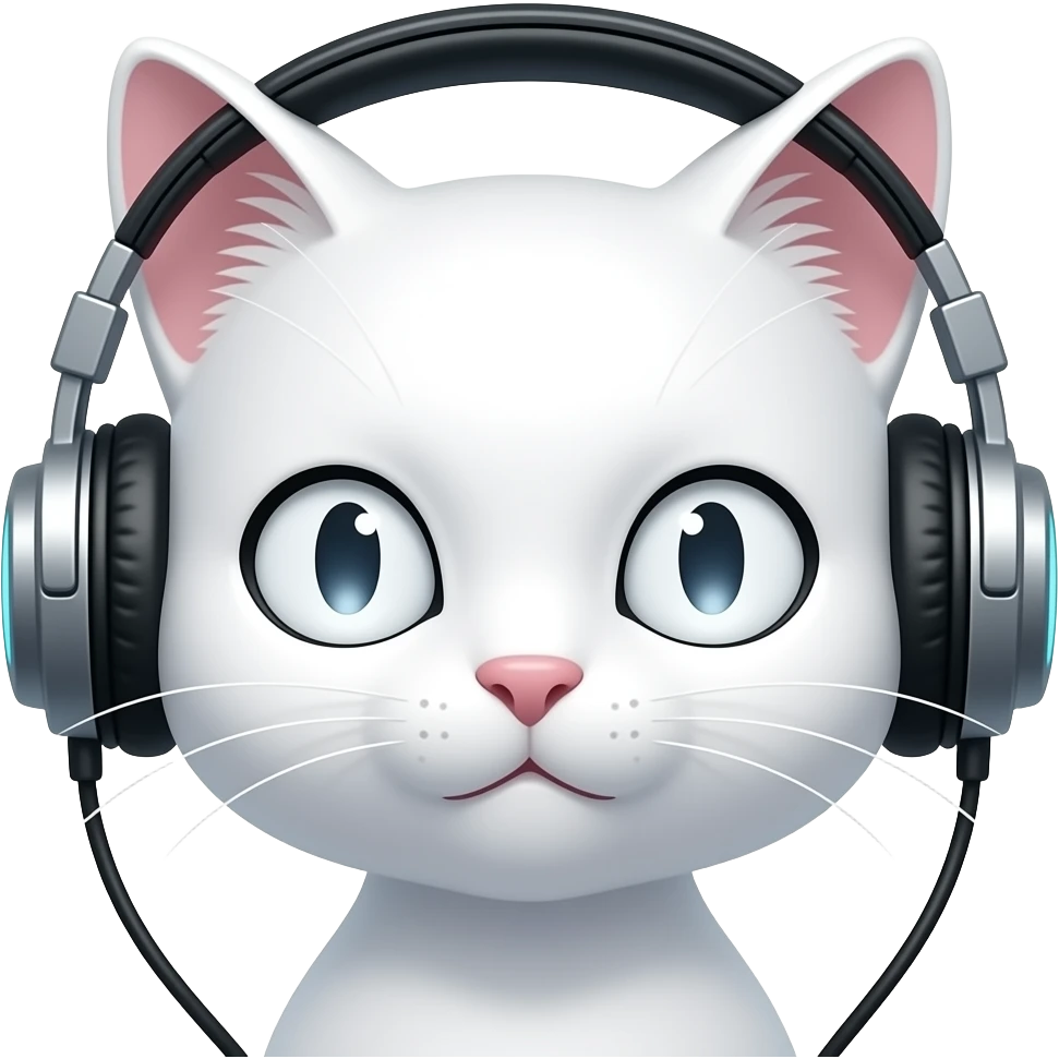 Portrait of a white futuristic anime cat with white eyes, listening to music with headphones emoji