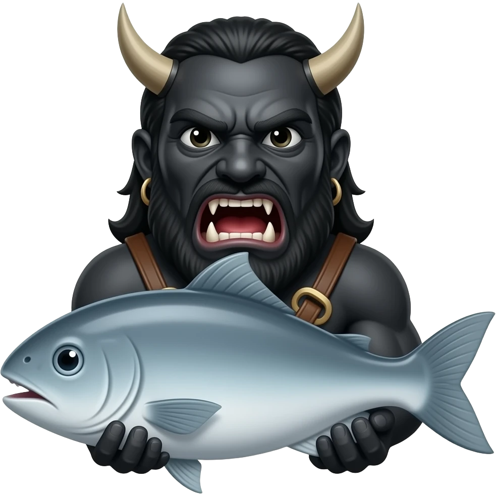 Black baribal head with open moich and Fish with hands emoji