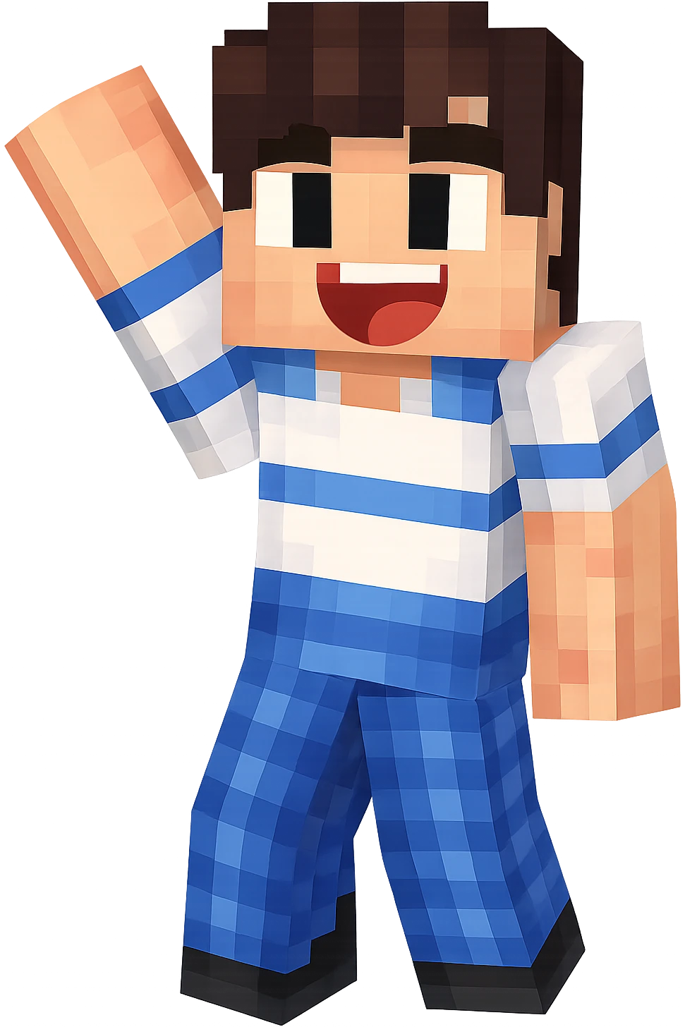 Extract only the second character from the left with brown hair and blue pants, keep the original Minecraft cartoon style and appearance, place on a transparent background. emoji