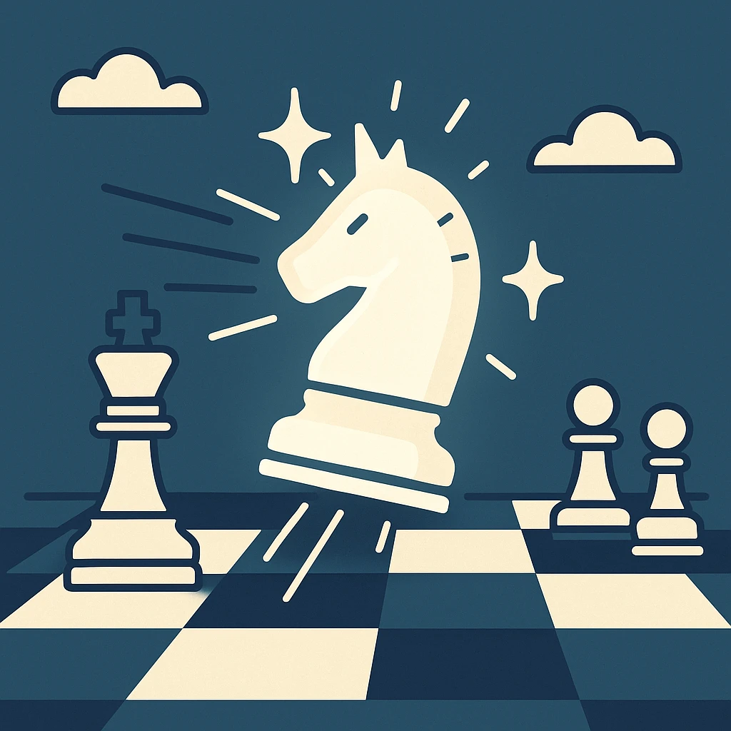 Create an image of a brilliant chess move in a bold, flat, simple style with a teal background and white elements. Show a glowing chess piece making a dramatic move, with sparkles and dynamic motion lines, matching the style of the provided exclamation mark icon. emoji