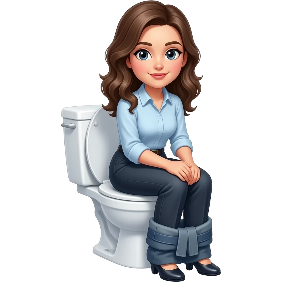 A woman sits on a toilet with a shirt on with tousers down to her ankles has girly hair emoji