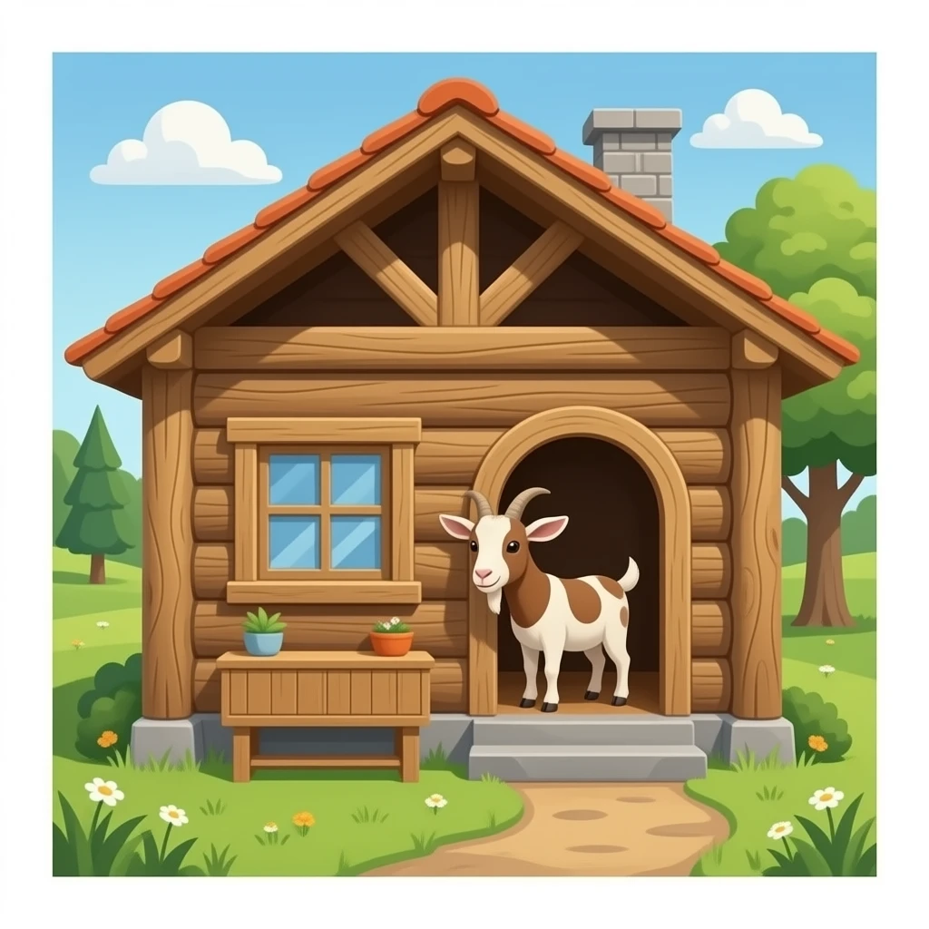 hazme la parte de dentro de una casa, la casa tiene que ser rustica. Pon alguna cabra pequeña con manchas marrones dentro de la casa. emoji