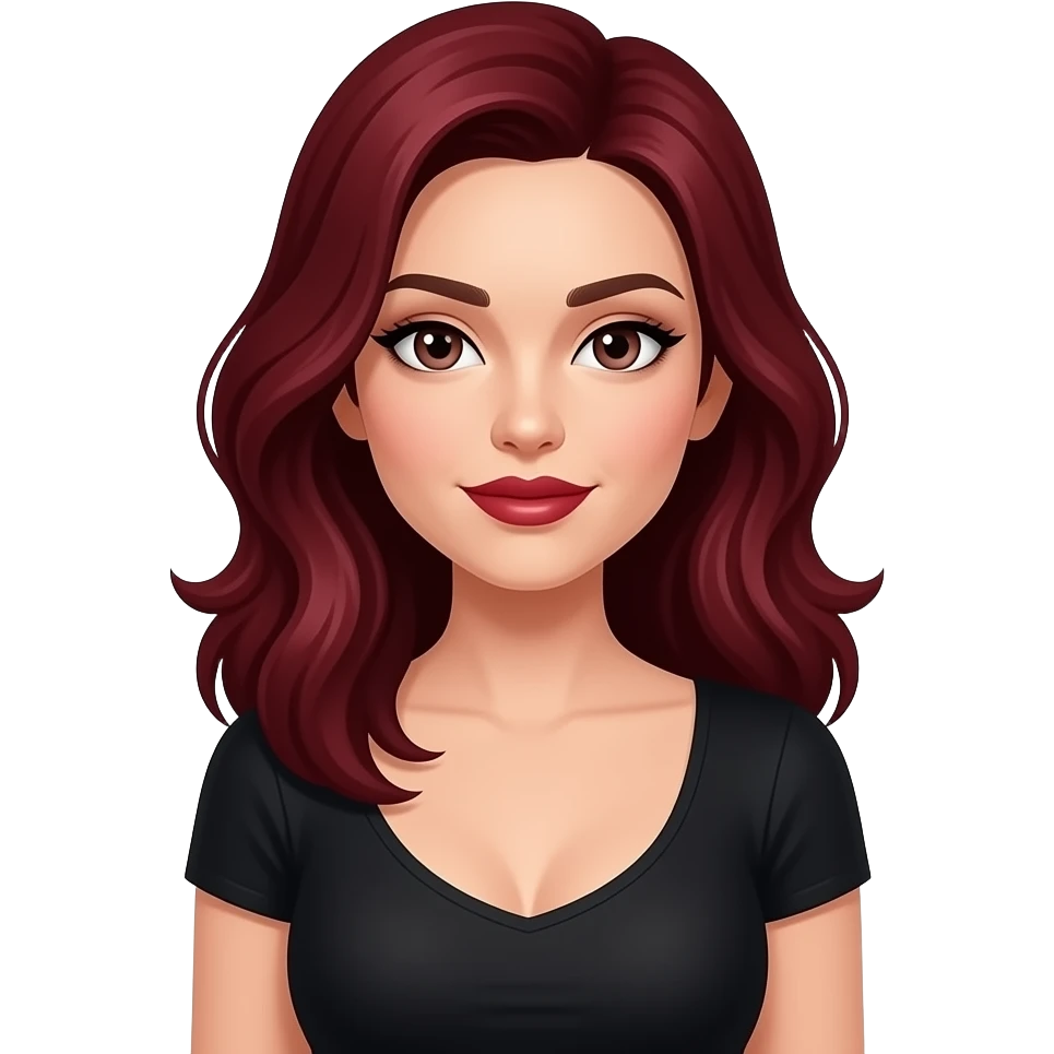 Dunkel rote haare, weiblich und helle hautfarbe dunkelroten lippenstift aber nir leicht und ein schwarzes top und mittlere oberweite emoji