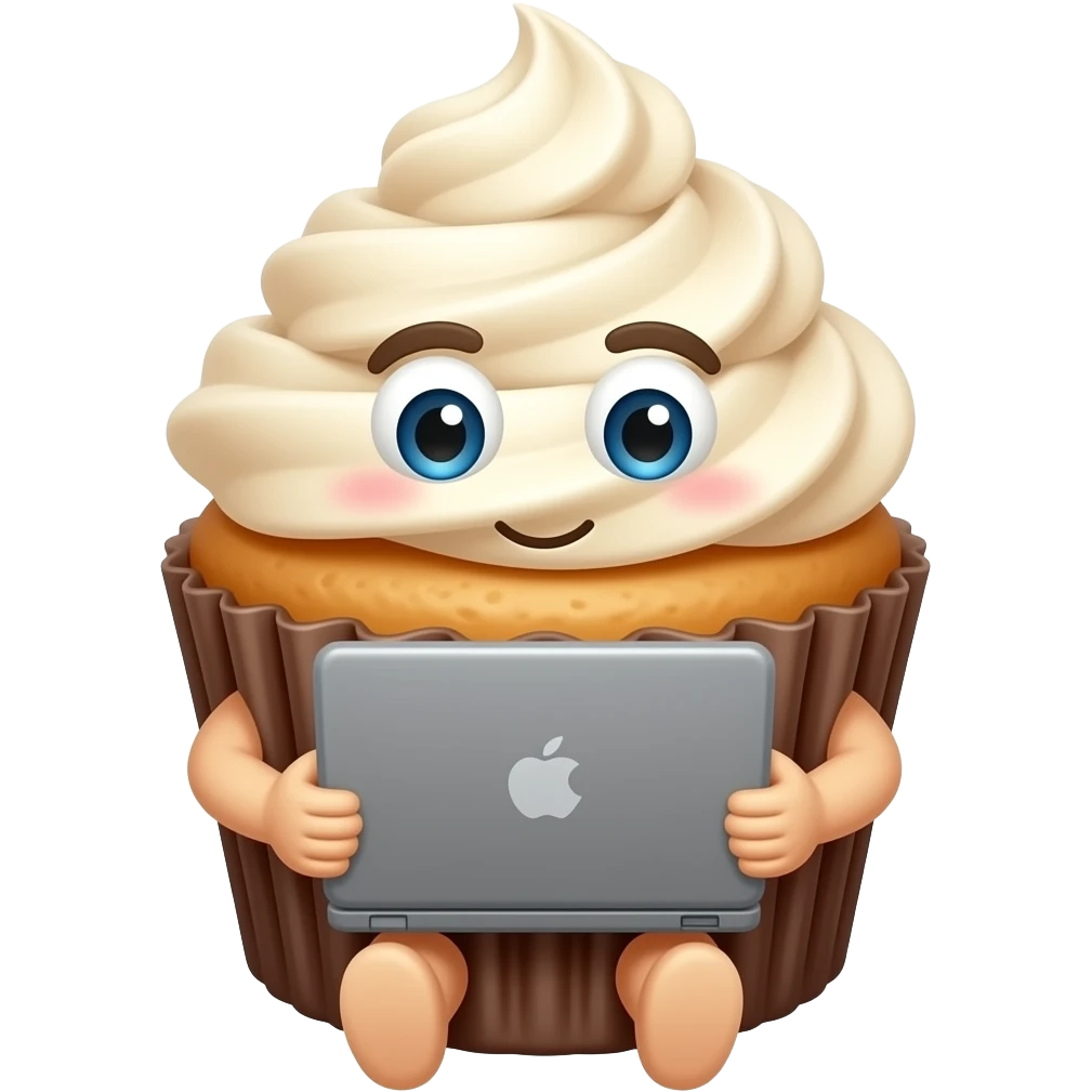 cupcake, concentrated on work with a laptop in its hands emoji
