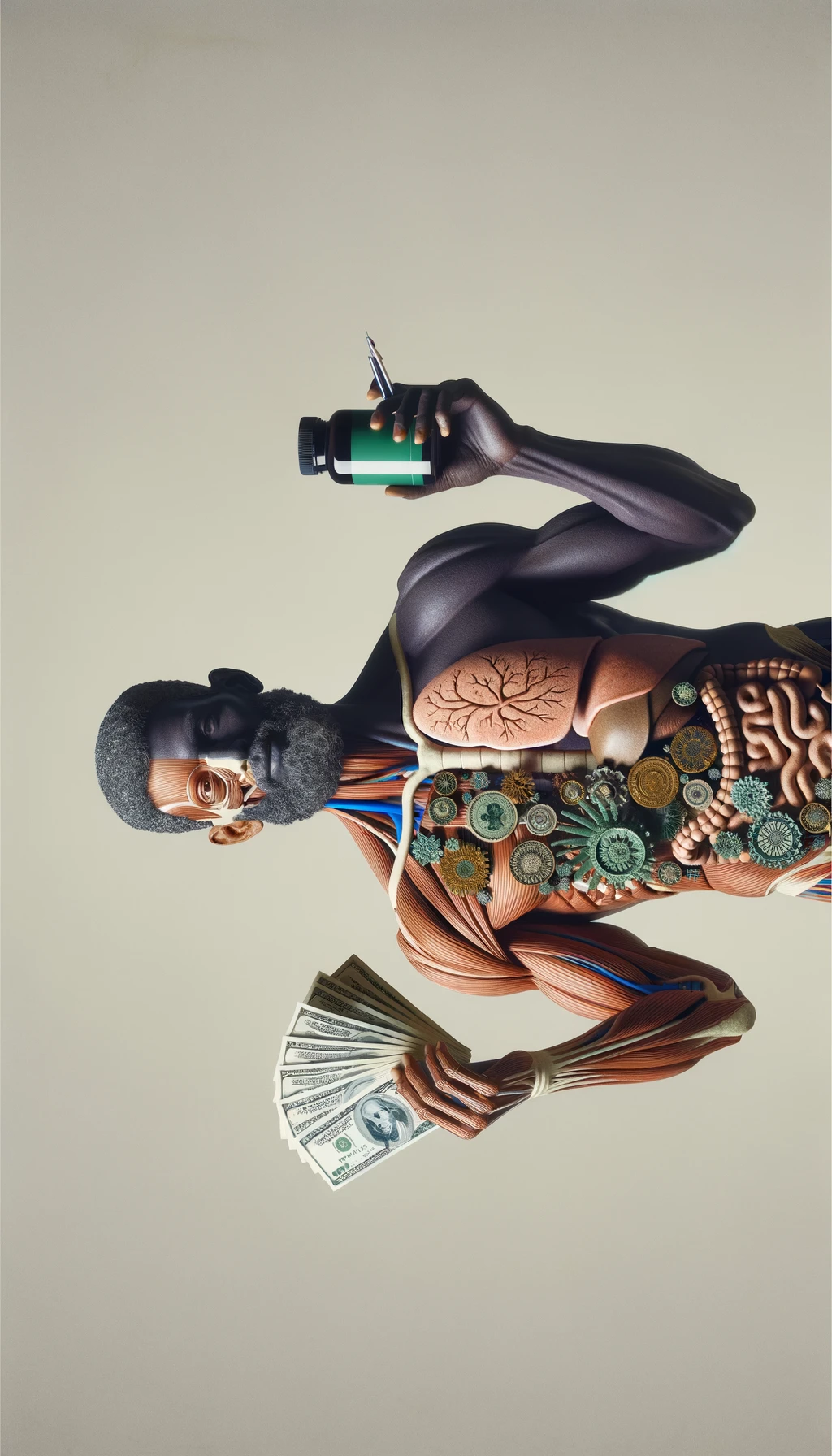 corpo umano anatomico che tiene nella mano destra una boccetta di integratore e nella mano sinistra delle banconote, sfondo neutro chiaro emoji