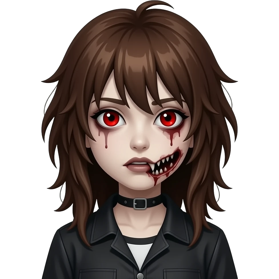 Girl, zombie, brown hair, long, emo, shaggy, dark, spooky, creepy, red eyes emoji
