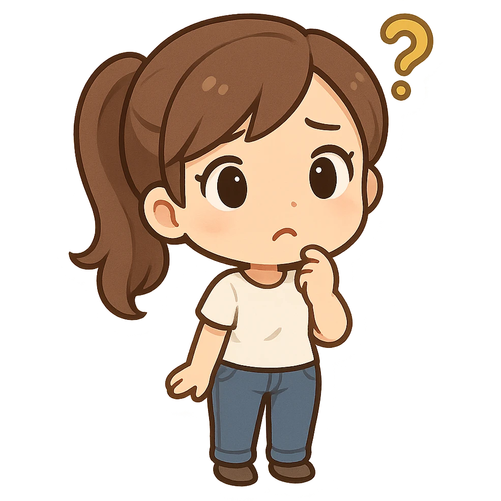 small cartoon woman with a ponytail, dressed in a white t-shirt and jeans, looking confused emoji