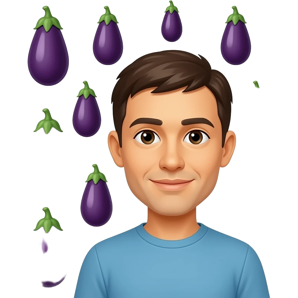Yellow emoji face surrounded by multiple eggplants emoji