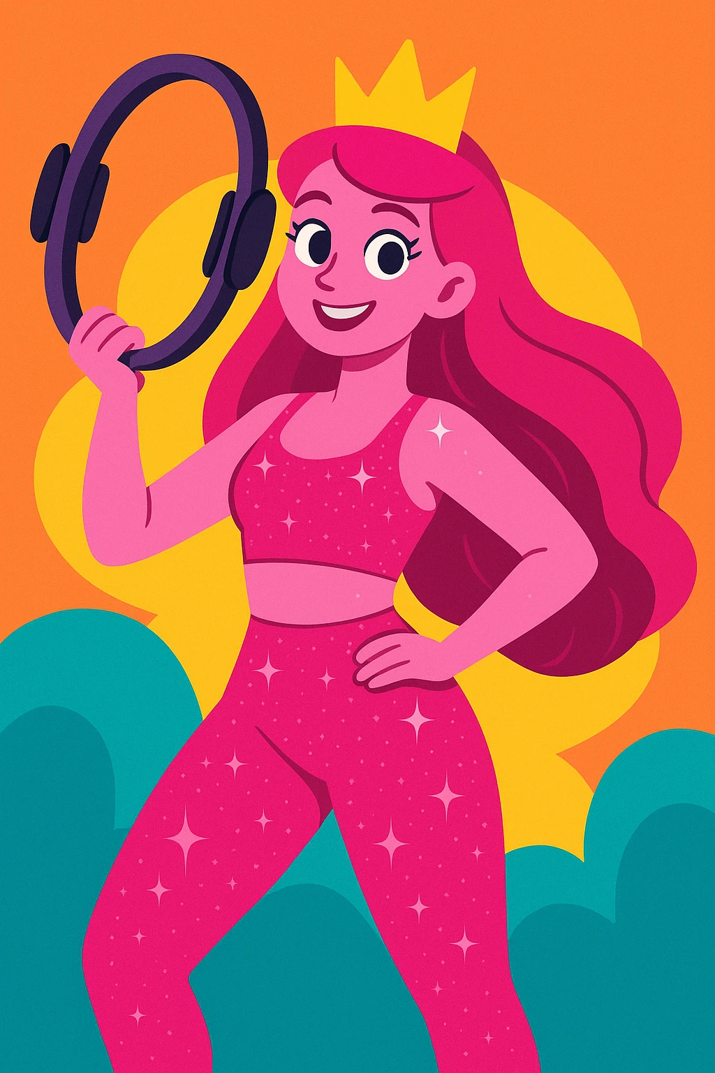 pink pilates princess holding a pilates ring, sparkly pink outfit, long hair, vibrant toon style emoji
