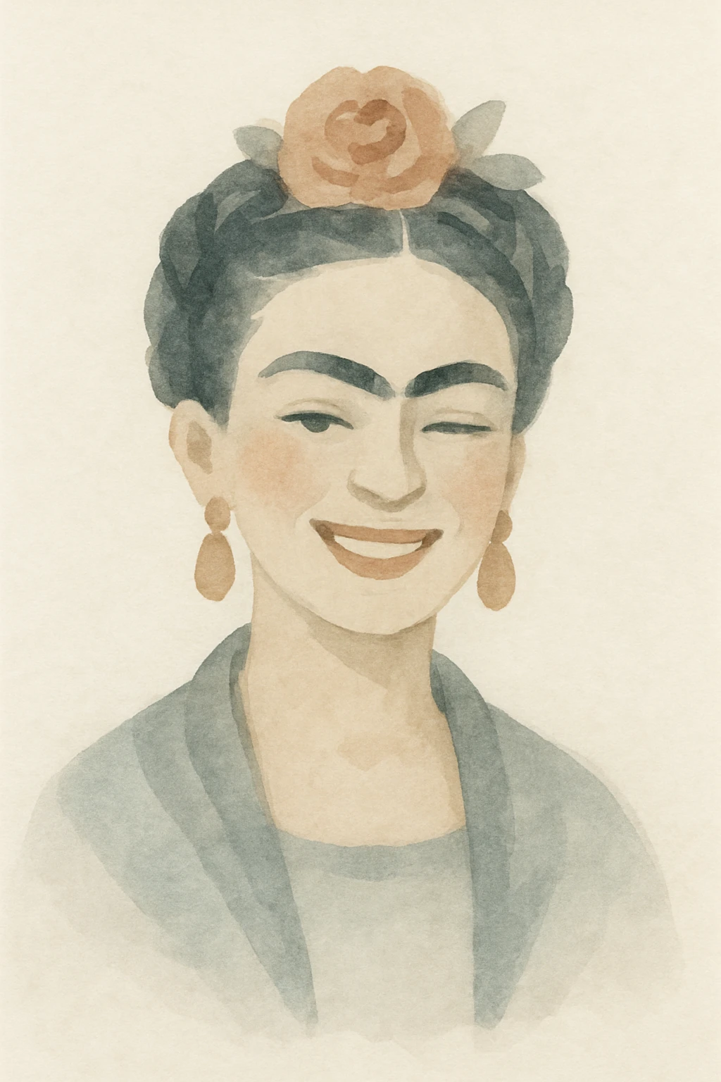 Frida Kahlo souriante qui fait un clin d'œil, style aquarelle artistique, ambiance joyeuse, fond doux emoji