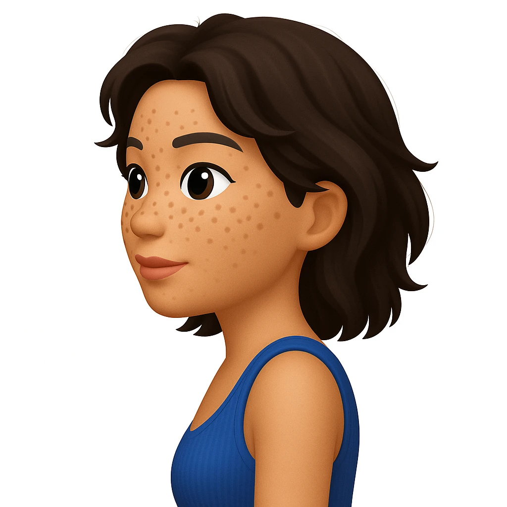 turn the second man in emoji style of the 1st image, match the facial features and match dressing style of the 2nd image, she is wearing blue tank top lose, side pose emoji
