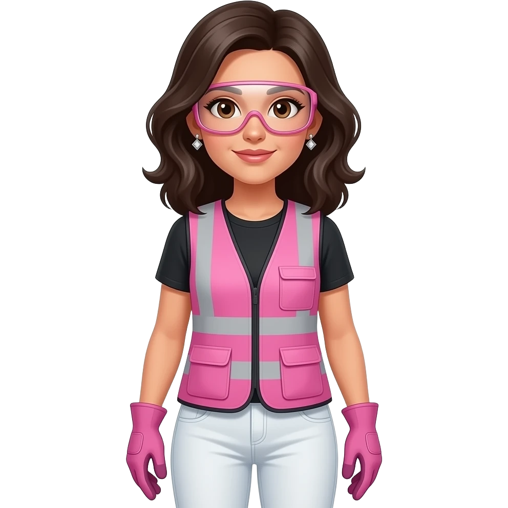 White women with brown eyes with shoulder length black wavy hair wearing diamond earrings wearing pink and clear safety glasses wearing a pink construction vest wearing white pans wearing pink construction gloves emoji