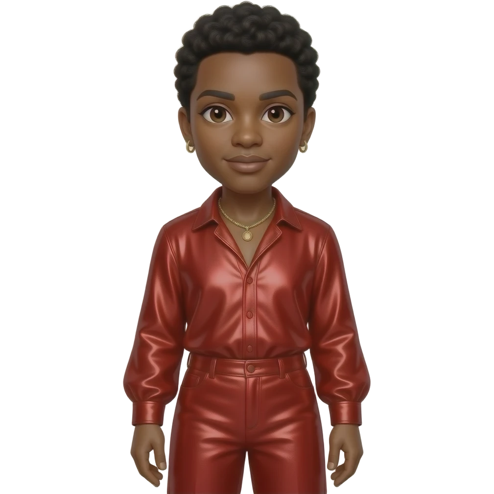 Bobby Brown with dark brown eyes, black gumby hair, red metallic blouse, red metallic long baggy pants, necklace and earrings emoji