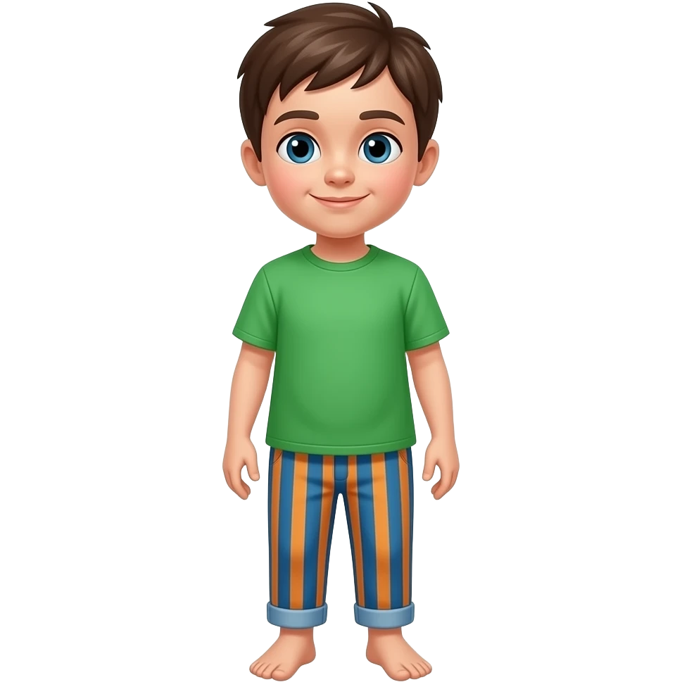 Kid wearing a green shirt and blue and orange stripes pants no shoes emoji