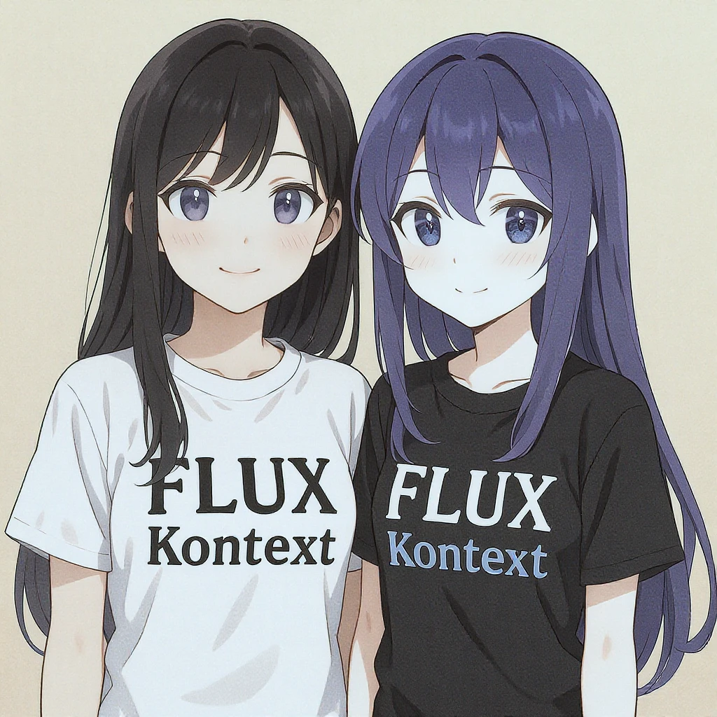 make a image of a girl with a anime version of that girl beside her wearing tshirt with text of FLUX Kontext emoji