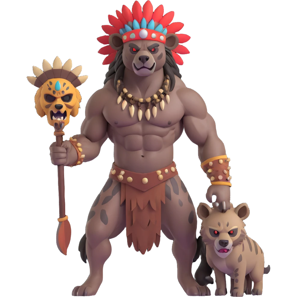 A native strong buff hyena with war bonnet flexing posing full body holding a chopped off human head by the hair  emoji