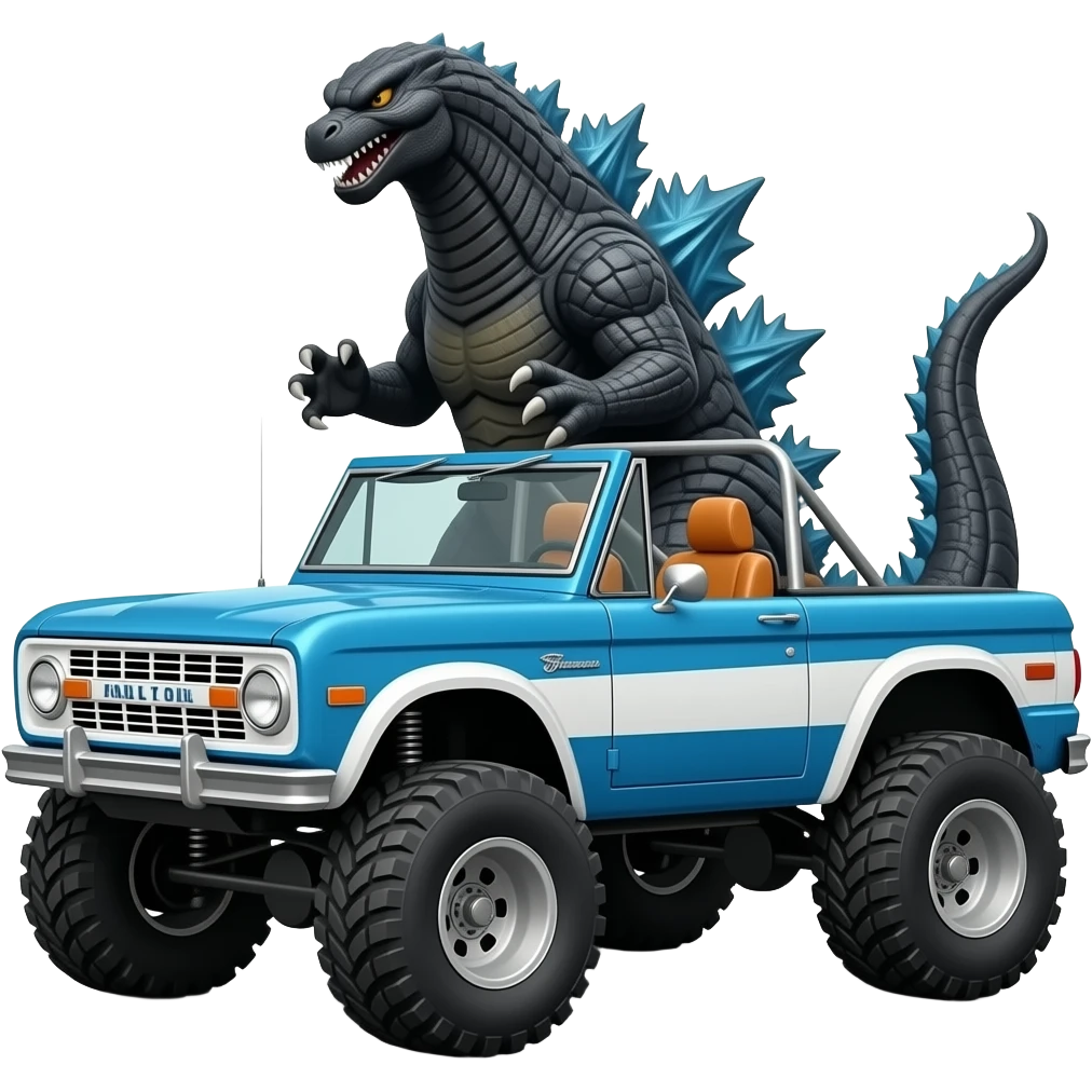 Godzilla behind 1967 ford bronco with two tone paint: blue on hood, blue with white stripe on sides, and orange interior. Convertible with no top but with full roll cage. Exaggerated lift and oversized 4x4 tires. emoji
