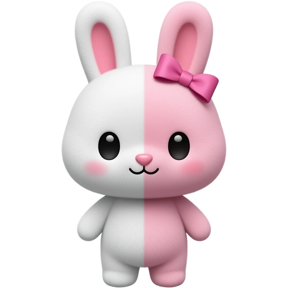Um coelho de pelúcia metade branco é rosa as duas metafes com a cara fofa lacinho rosa na cabeça orelhas pra cima ela se chama monomi emoji