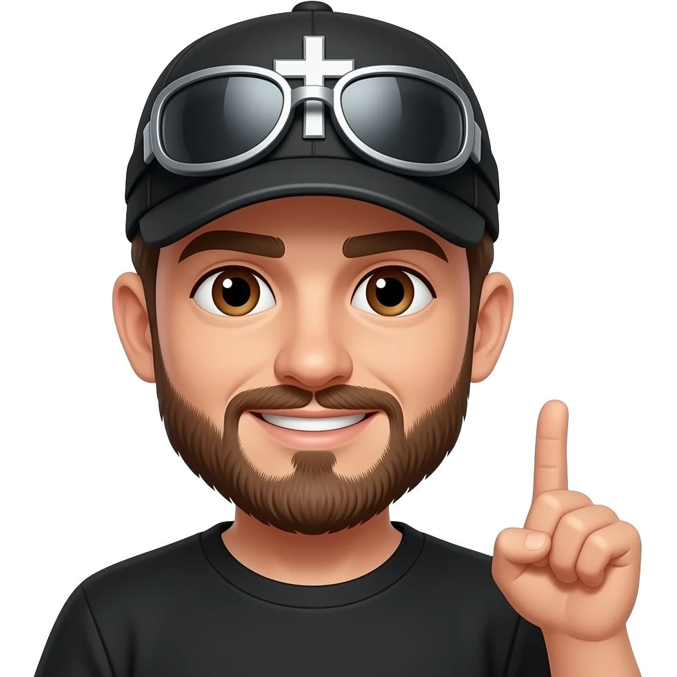 Brown eyes, rock cap with metallic clips on the cap visor , rock cross on the cap , black teeshirt, saying hi, no ratio, no chain, short hair , browning beard, no withstand emoji