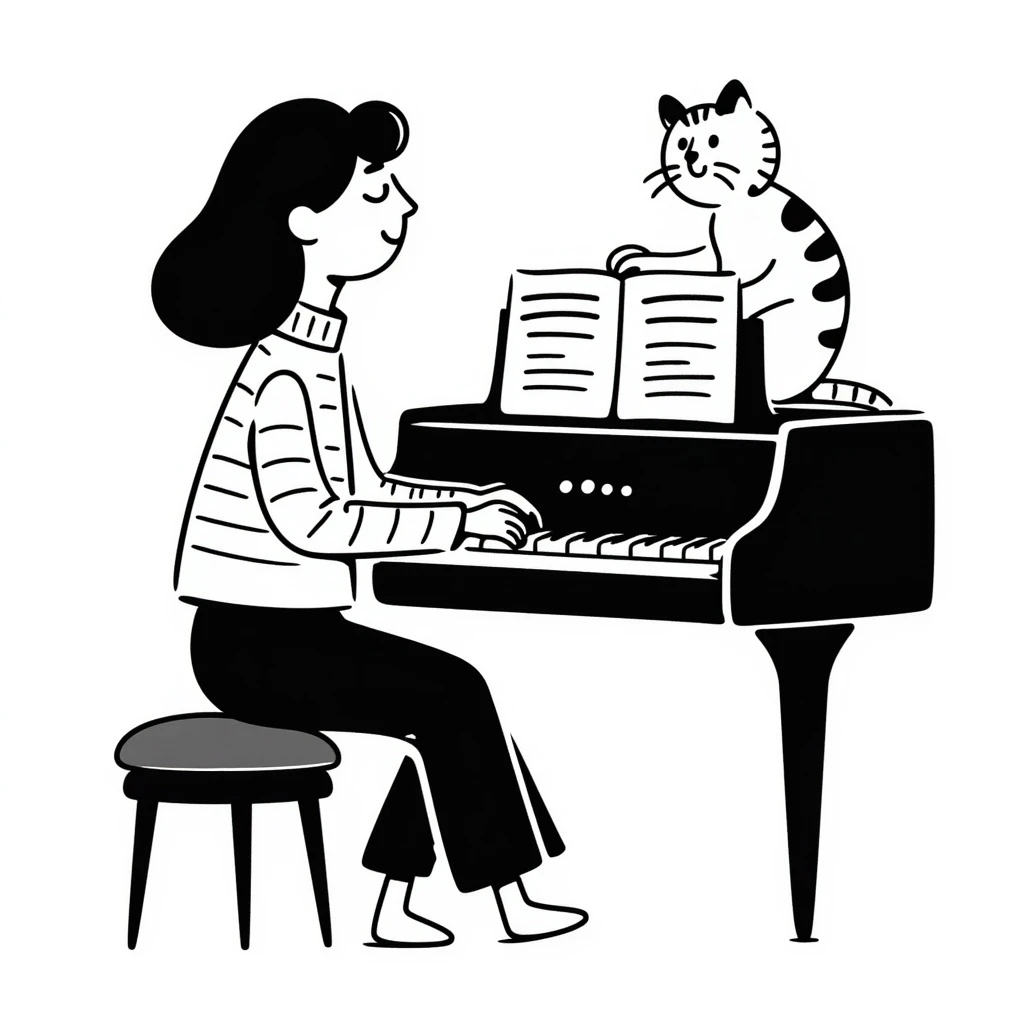 woman playing piano while her cat sits on top of the piano emoji