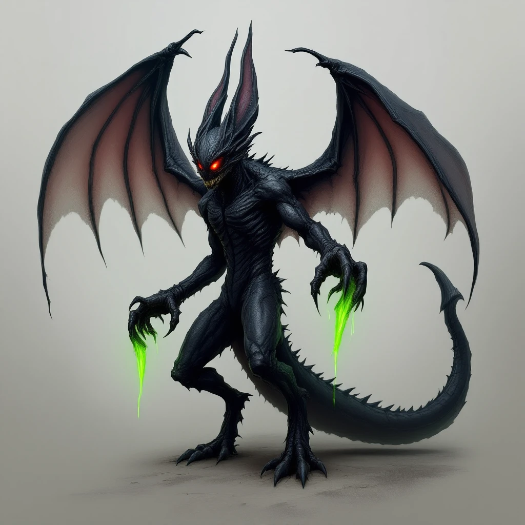 an all black reptilian bat-like creature. One cyclopian red eye in its face. no visible mouth or ears. 2 hind legs with claws. has a long tale with a stinger that drips green poison. no ears. no horns. no arms. visible bone-like stinger at end of tail emoji