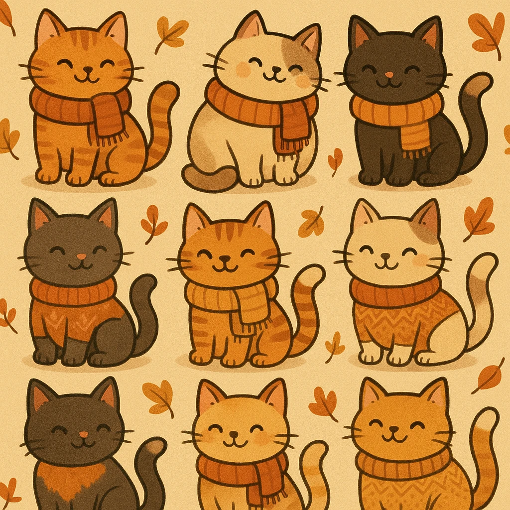 cute cats in scarves and sweaters, seamless pattern, autumn colors, warm and cozy vibe, playful cartoon style emoji