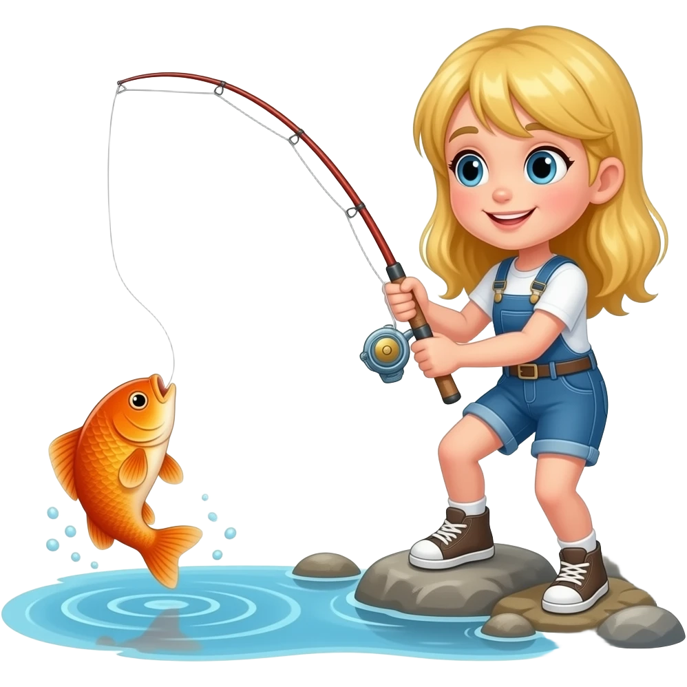 a blonde girl with a bent fishing pole catching a fish emoji