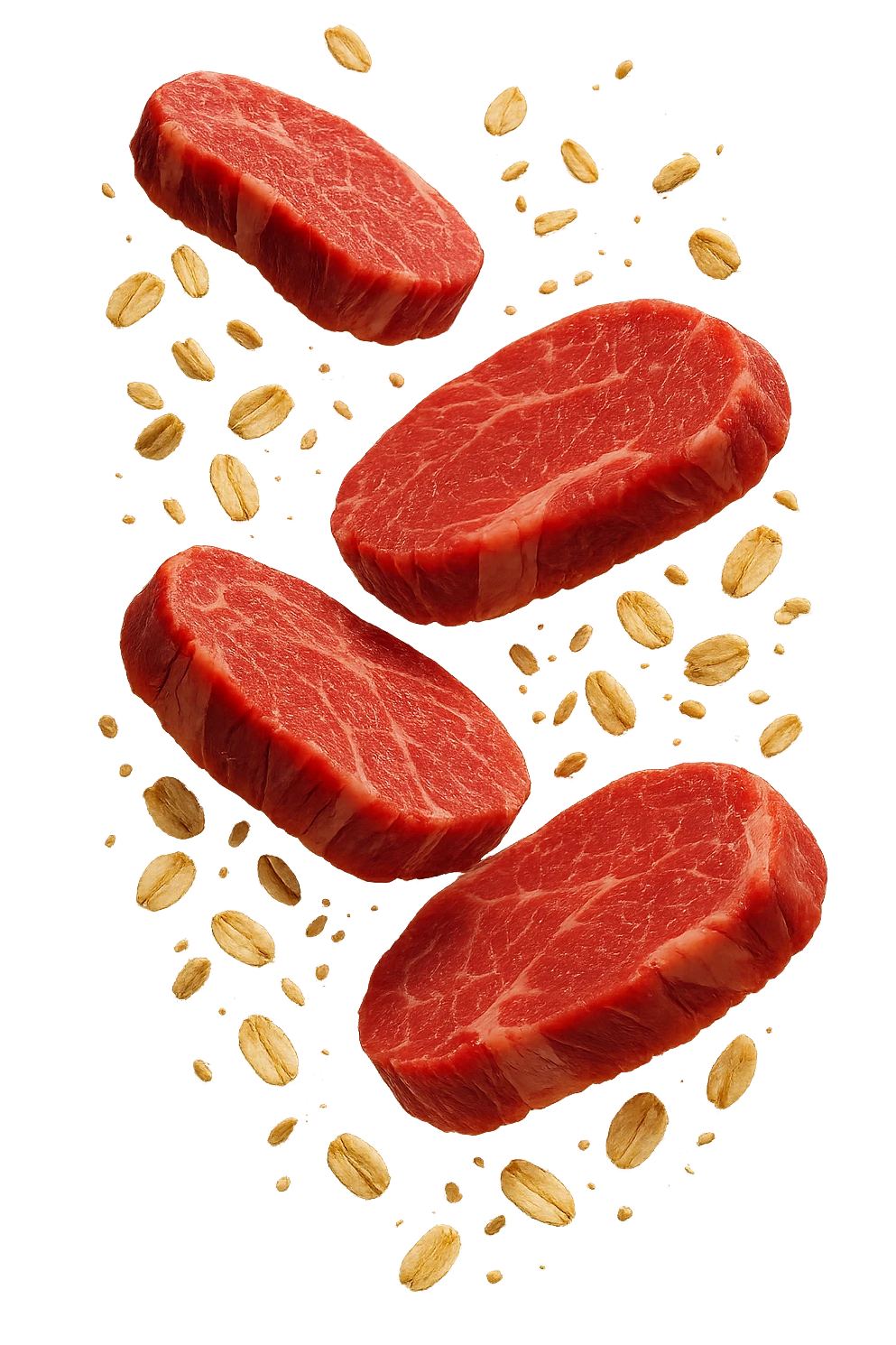FETTINE DI CARNE FLUTTUANO IN ARIA INSIEME A FIOCCHI DI AVENA, IPERREALISTICO 4K emoji