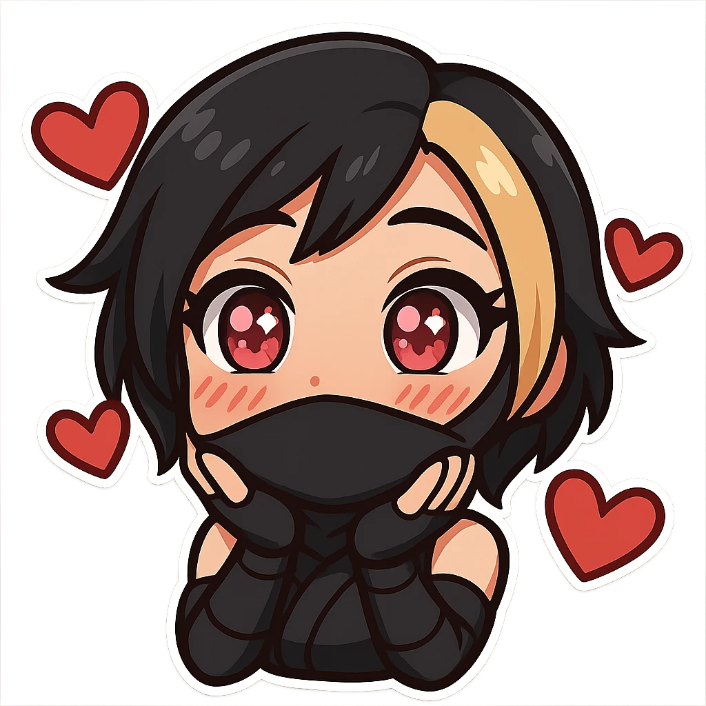 Sexy chibi ninja girl with black short hair and a blonde streak, only head and arms, colorful chibi style with bold outlines, transparent background, no mask, love expression with sparkling eyes and floating hearts around her head, sized for Twitch emoji use. emoji